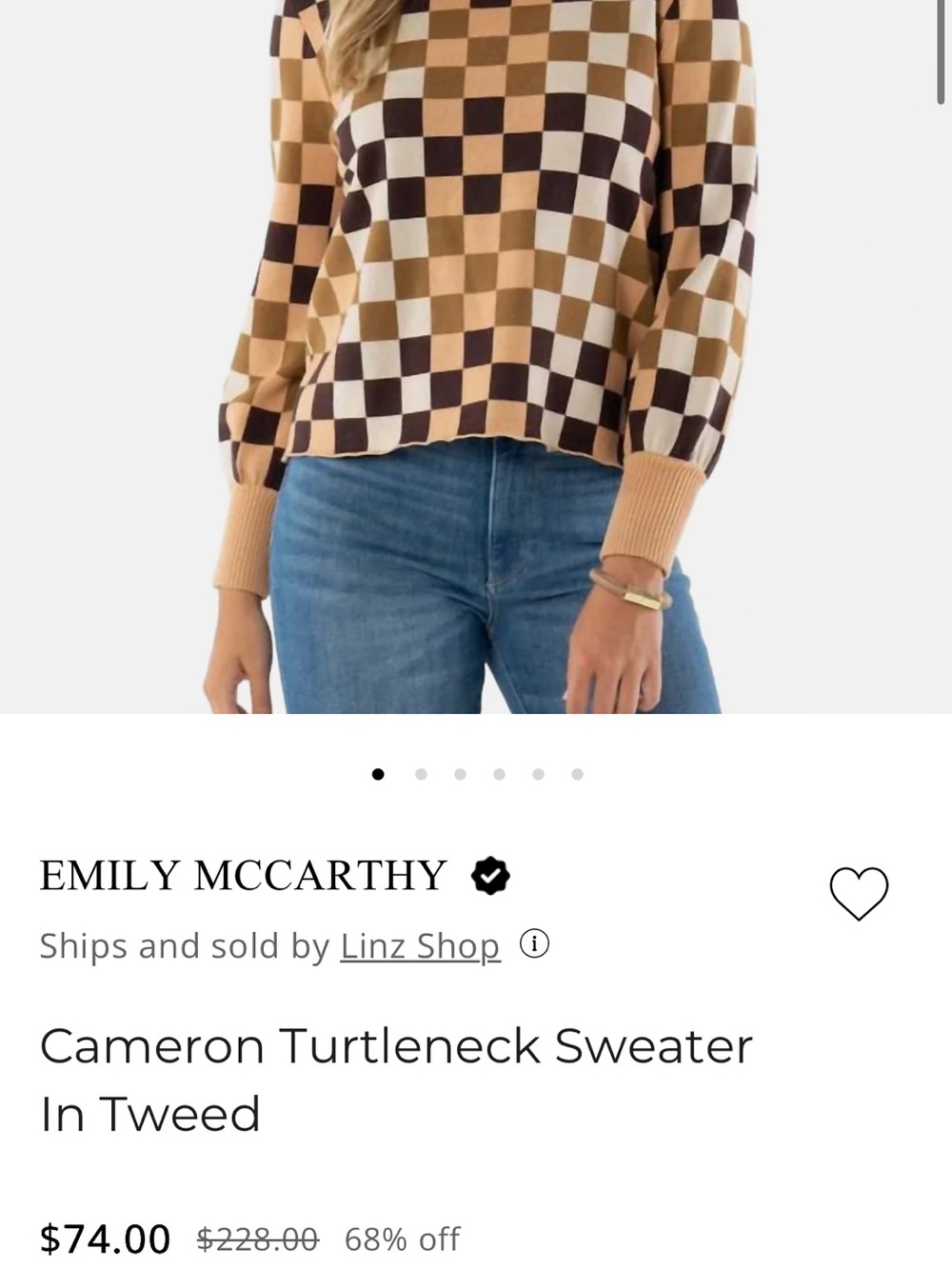 Emily McCarthy Camel & Cream Checkered Turtleneck Sweater